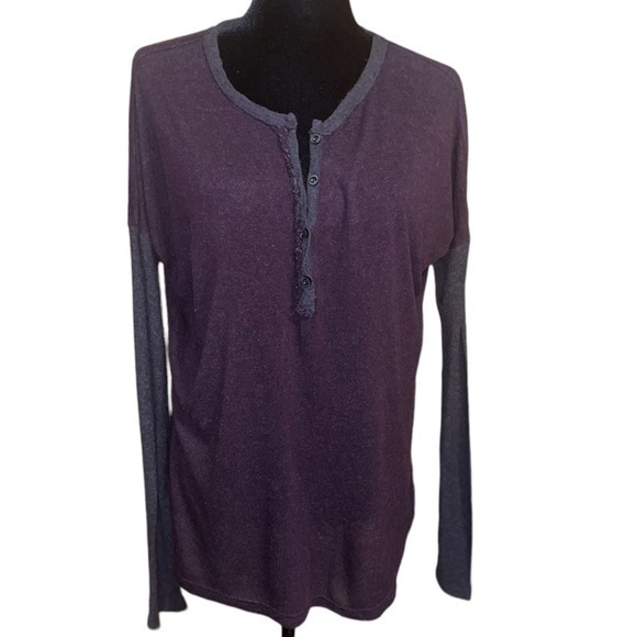NSF Women’s Burgundy Top Long Sleeve V-Neck Pullover Burnout Shirt - Picture 1 of 8